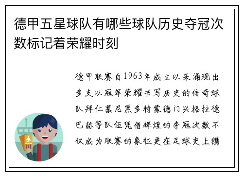 德甲五星球队有哪些球队历史夺冠次数标记着荣耀时刻