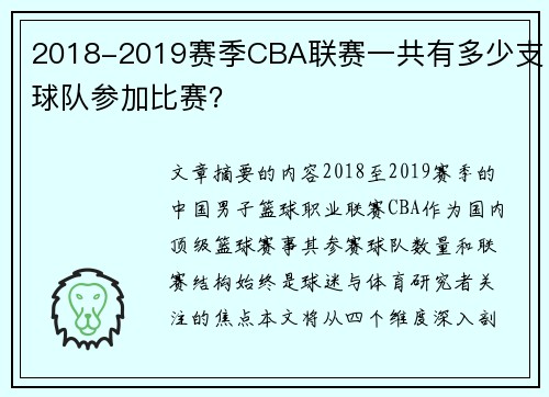 2018-2019赛季CBA联赛一共有多少支球队参加比赛？